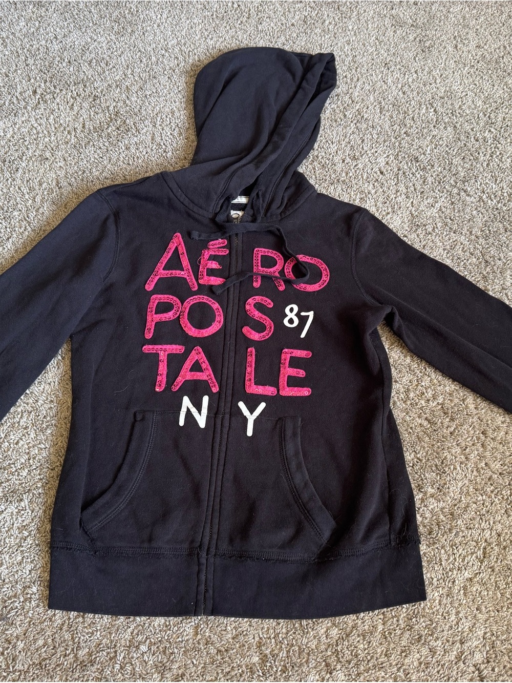 Aeropostale Black Hoodie with Pink Logo and White Accents Medium juniors